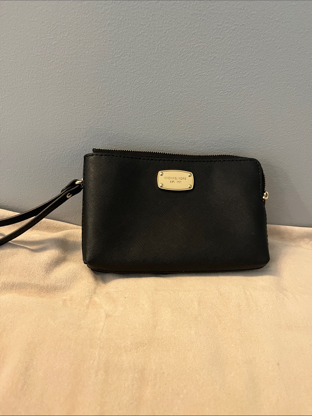 Michael Kors Black Saffiano Leather Wristlet with Gold Plate